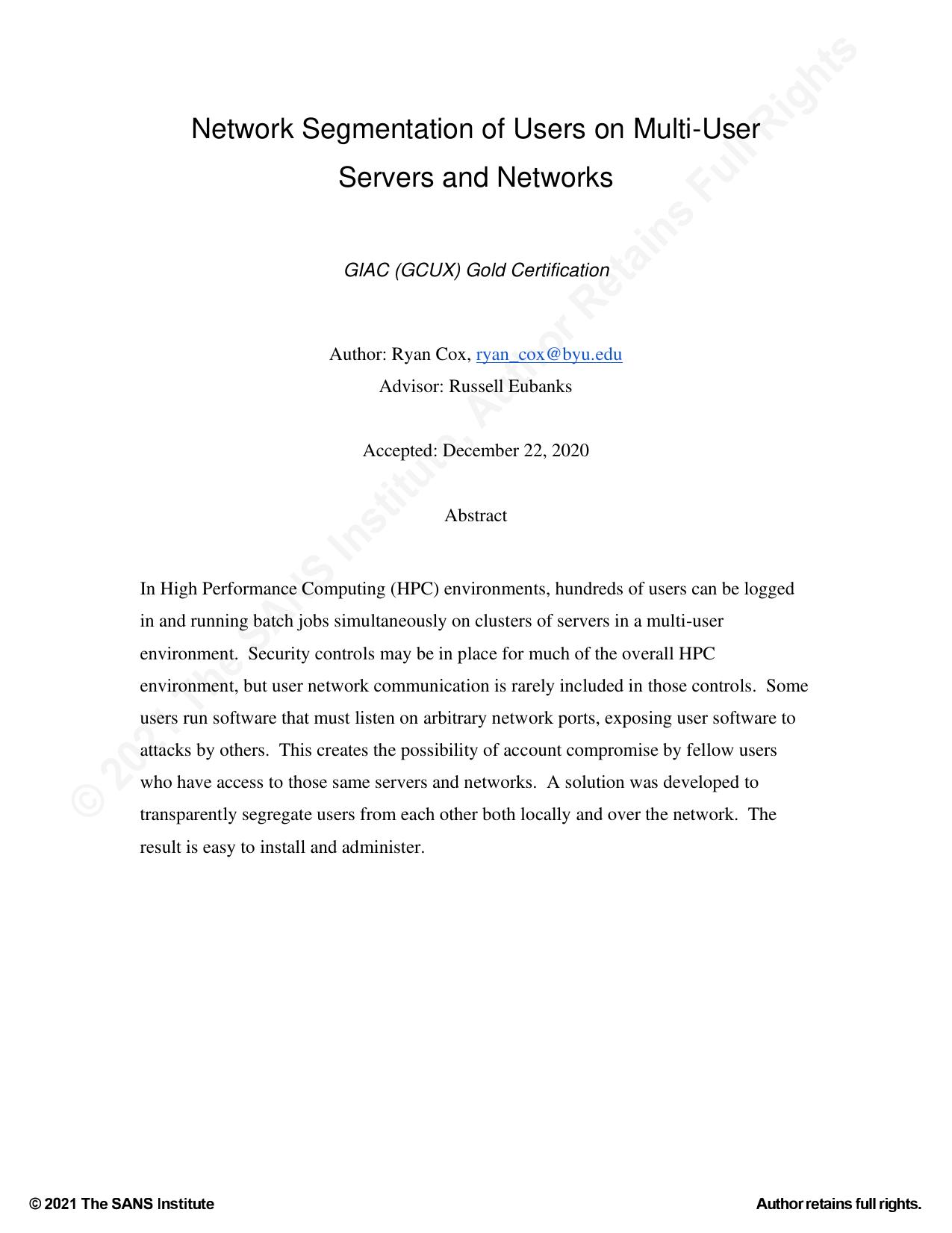 Network Segmentation Users on Multiuser Servers Networks